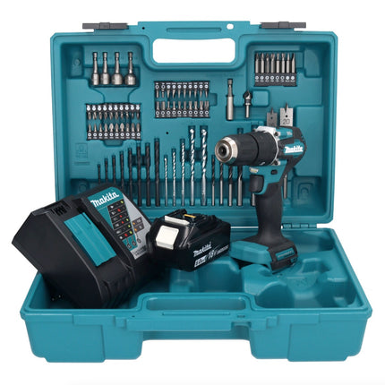 Makita DHP 487 RG1X1 18 V Perceuse-visseuse à percussion sans fil 40 Nm sans balai + 1x Batterie 6,0 Ah + Chargeur + Set d'accessoires - 74 pièces + Mallette
