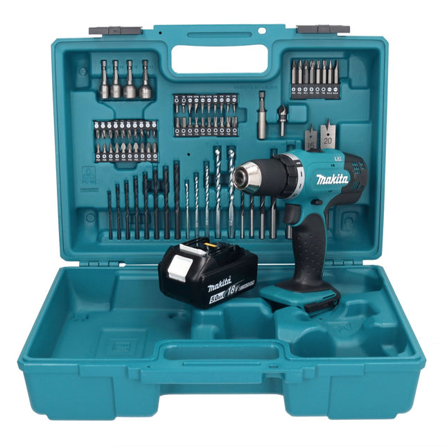 Makita DDF 453 T1X1 taladro atornillador inalámbrico 18 V 42 Nm + 1x batería 5,0 Ah + set de accesorios 74 piezas + maletín - sin cargador