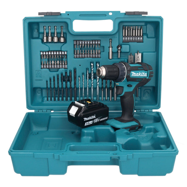 Makita DDF 482 F1X1 taladro atornillador inalámbrico 18 V 62 Nm + 1x batería 3,0 Ah + juego de accesorios 74 piezas + maletín - sin cargador