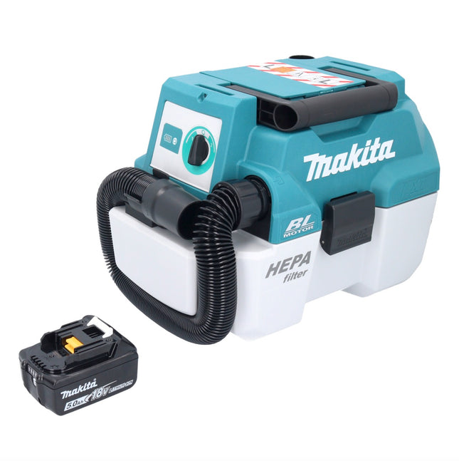 Aspiratore a batteria Makita DVC 750 LT1 LXT 18 V 67 mbar 7,5 l senza spazzole + 1x batteria ricaricabile 5,0 Ah - senza caricabatterie