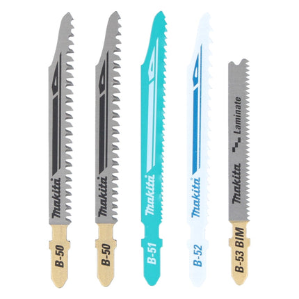 Sierra de calar sin cable Makita DJV 181 RT1J 18 V sin escobillas + 1x batería 5,0 Ah + cargador + juego de 5 cuchillas de sutura + Makpac