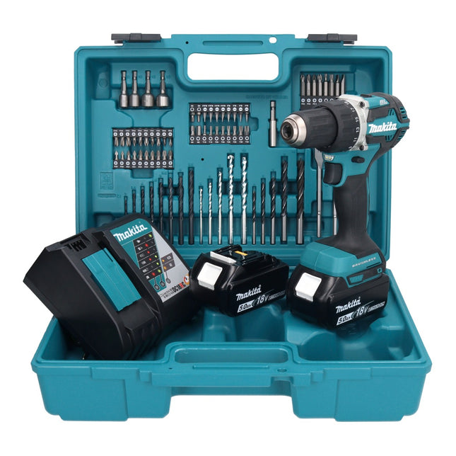 Makita DDF 484 RTX1 perceuse-visseuse sans fil 18 V 54 Nm + 2x batteries 5,0 Ah + chargeur + jeu d'accessoires 74 pièces + mallette