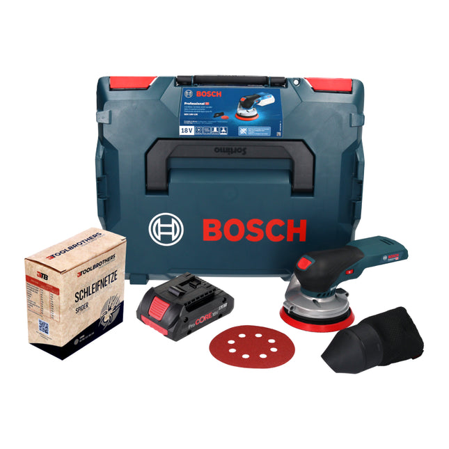 Bosch GEX 18V-125 Lijadora rotorbital profesional sin cable 18 V 125 mm sin escobillas + 1x Juego de lijas de red Toolbrothers SPIDER + 1x Batería recargable ProCORE 4,0 Ah + L-BOXX - sin cargador