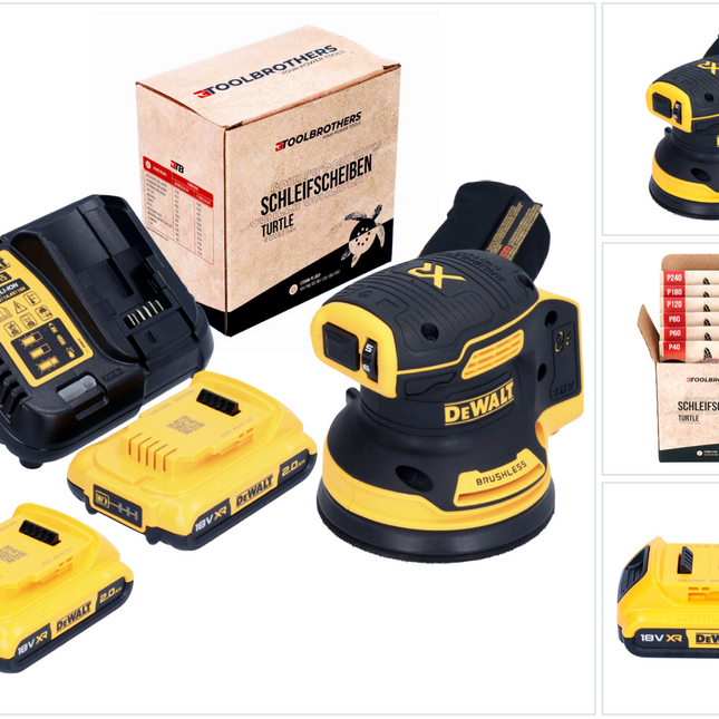 Toolbrothers TURTLE Schleifscheiben Set + DCW 210 D2 Akku Exzenterschleifer 18 V 125 mm Brushless + 2x Akku 2,0 Ah + Ladegerät - Toolbrothers