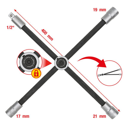 KS TOOLS Rad-Kreuzschlüssel mit Gleitgelenk für PKW, 1/2"x17x19x21mm ( 518.1154 ) - Toolbrothers