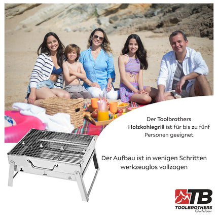 Toolbrothers Outdoor portable charcoal stainless steel barbecue for camping tool-free assembly 43 x 29 x 23 cm Silver Smoker BBQ Pit Grill