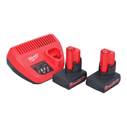 Lima de banda de batería Milwaukee M12 FBFL10-502 12 V 10 x 330 mm + 2x baterías 5,0 Ah + cargador