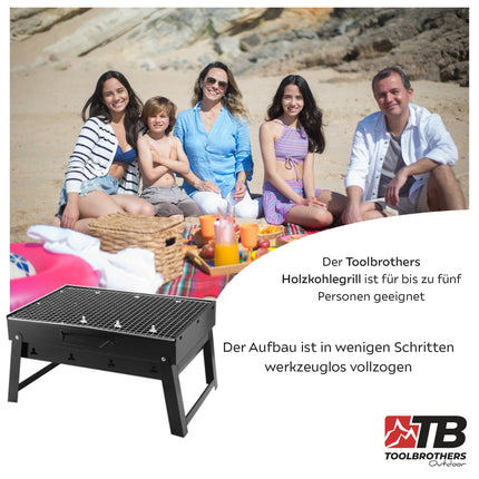 Toolbrothers Outdoor  tragbarer Holzkohle Grill Set für Camping werkzeuglose Montage 43 x 29 x 23 cm schwarz + Grillbesteck, Grillhandschuhe & Grillfächer  8 tlg