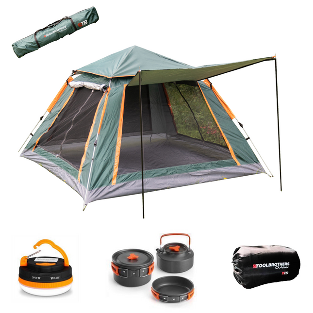 Toolbrothers Outdoort camping set tent for 2-4 persons hydraulic tent pop-up tent + camping equipment 12 pcs