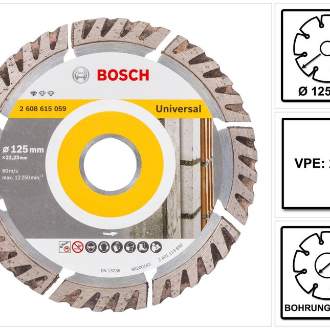 Bosch Standard for Universal Disques à tronçonner diamantés 125 x 22,23 mm 2 pces ( 2x 2608615059 ) pour béton, acier-béton, brique, calcaire et sable-pierre