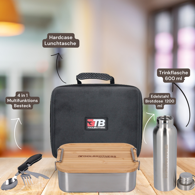 Toolbrothers fan lunch pack in hardcase carrier bag lunch bag waterproof with stainless steel lunch box & bamboo lid 1200 ml + stainless steel drinking bottle 600 ml + 4 in 1 multifunctional cutlery