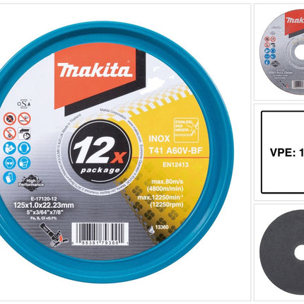 Makita E-17120-12 Disques à tronçonner INOX 125 x 1,0 x 22,23 mm A60V-BF 12 pièces en boîte