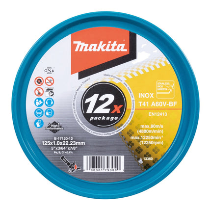 Makita E-17120-12 Disques à tronçonner INOX 125 x 1,0 x 22,23 mm A60V-BF 12 pièces en boîte