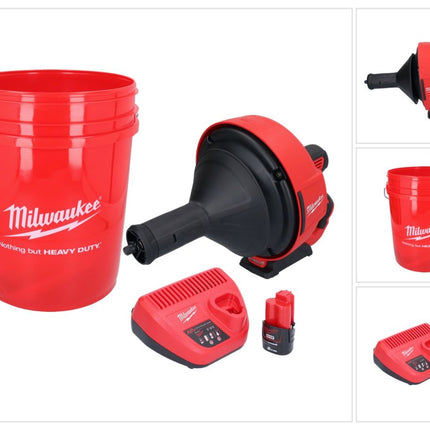 Milwaukee M12 BDC8-201C Akku Rohrreinigungsgerät 12 V + 1x Akku 2,0 Ah + Ladegerät + Spirale + Eimer