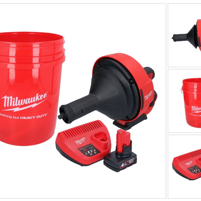 Milwaukee M12 BDC8-401C Akku Rohrreinigungsgerät 12 V + 1x Akku 4,0 Ah + Ladegerät + Spirale + Eimer