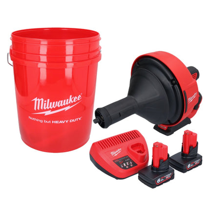 Limpiador de tuberías a batería Milwaukee M12 BDC8-602C 12 V + 2x baterías 6,0 Ah + cargador + espiral + cubo