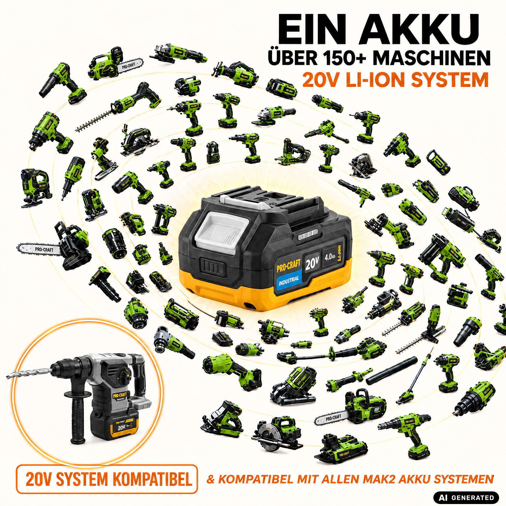Procraft Industrial HD20B-BB Akku Kombihammer 20 V 5 J SDS plus Brushless + 1x Akku 4,0 Ah + Ladegerät + RHINO Toolcase