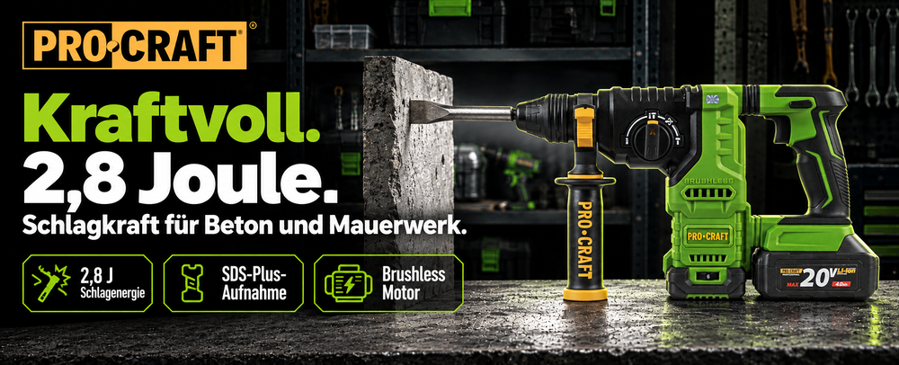 Procraft PHA30bb Akku Bohrhammer 20 V 2,8 J SDS plus Brushless + 1x Akku 4,0 Ah - ohne Ladegerät
