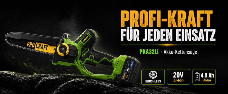 Procraft PKA32Li Akku Kettensäge 20 V 203 mm Brushless + 1x Akku 4,0 Ah + Ladegerät + Koffer