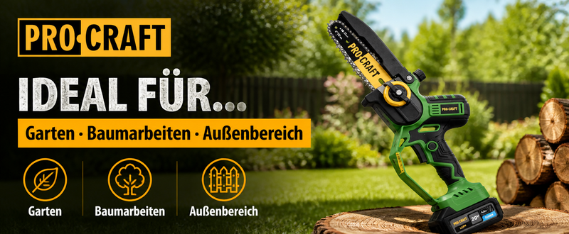 Procraft PKA32Li Akku Kettensäge 20 V 203 mm Brushless + 1x Akku 4,0 Ah + Ladegerät + Koffer