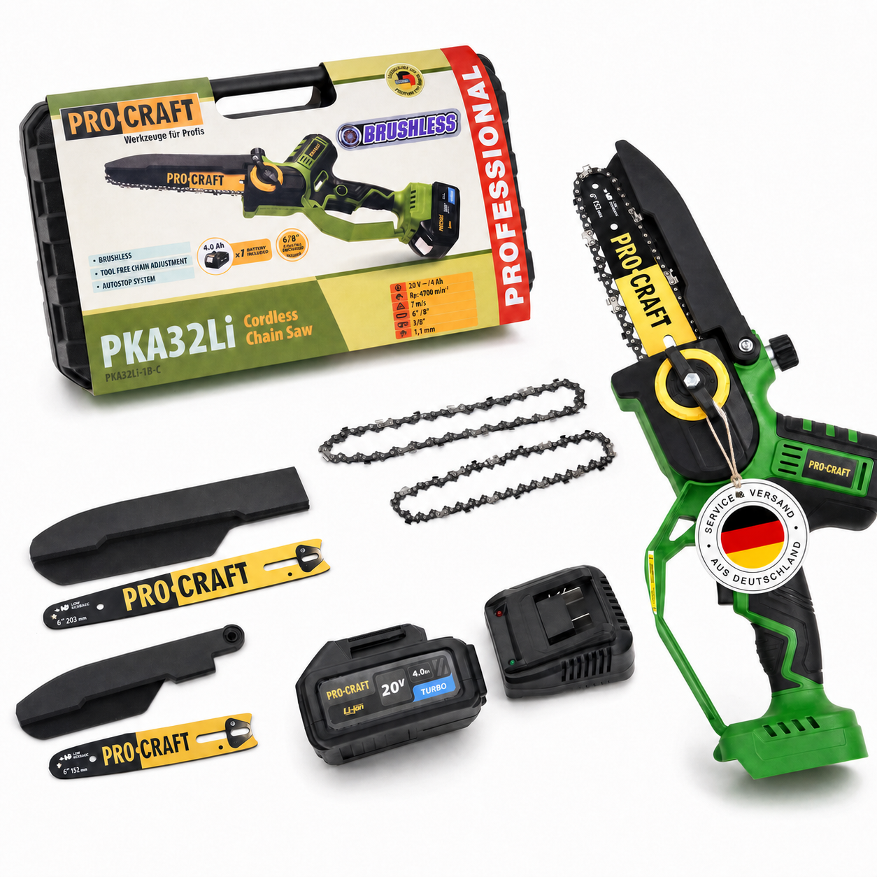 Procraft PKA32Li Akku Kettensäge 20 V 203 mm Brushless + 1x Akku 4,0 Ah + Ladegerät + Koffer