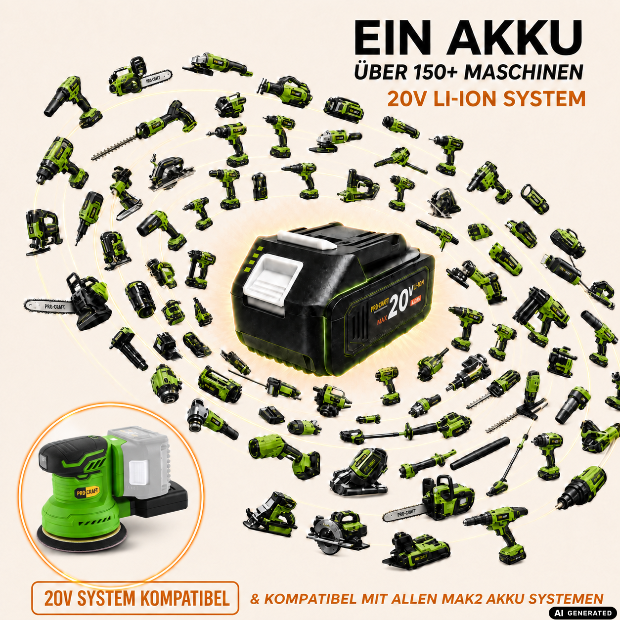 Procraft PX20BLbb Akku Exzenterschleifer 20 V 125 mm Brushless + 1x Akku 4,0 Ah - ohne Ladegerät
