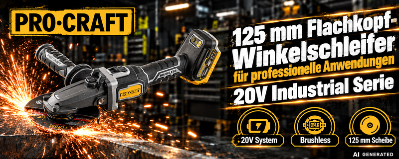 Procraft Industrial AG125Cbb Akku Flachkopf Winkelschleifer 20 V 125 mm Brushless