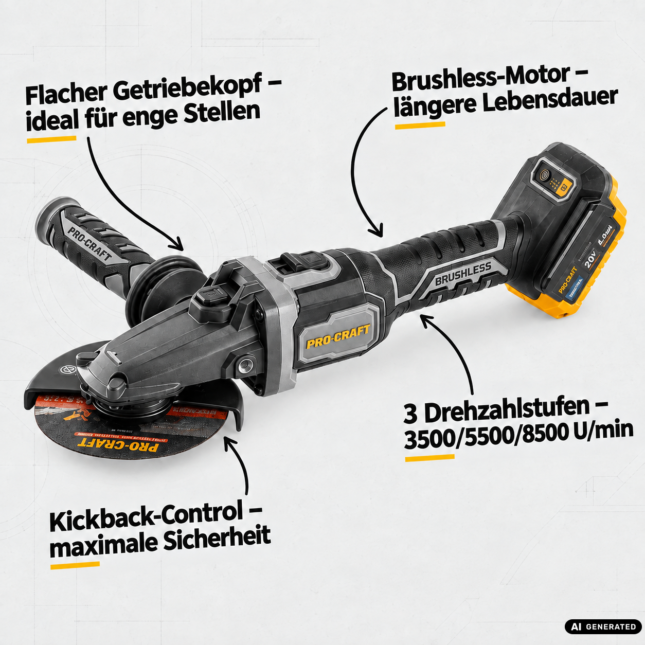 Procraft Industrial AG125Cbb Akku Flachkopf Winkelschleifer 20 V 125 mm Brushless