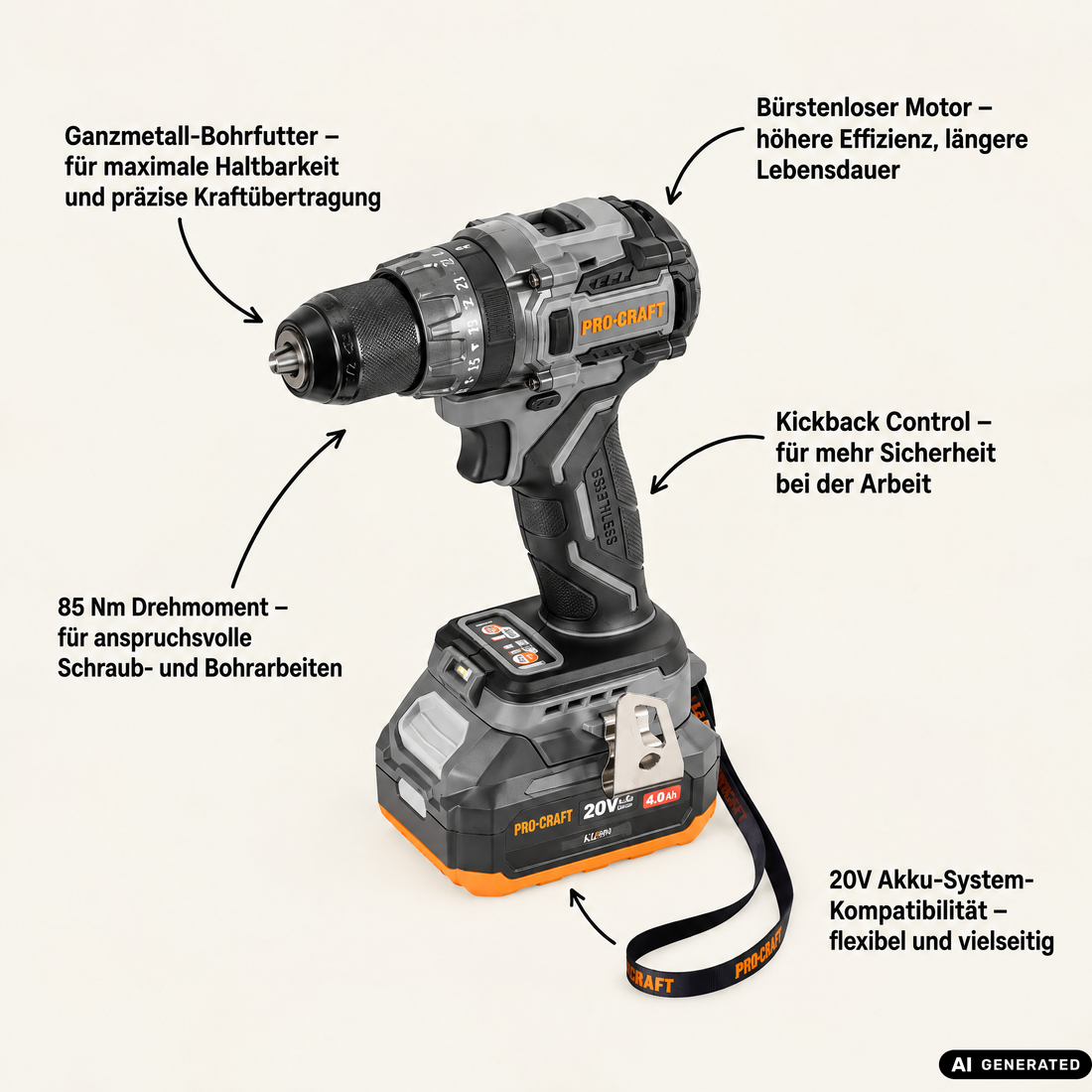 Procraft Industrial CD20Abb Akku Schlagbohrschrauber 20 V 85 Nm + 1x Akku 2,0 Ah + Ladegerät