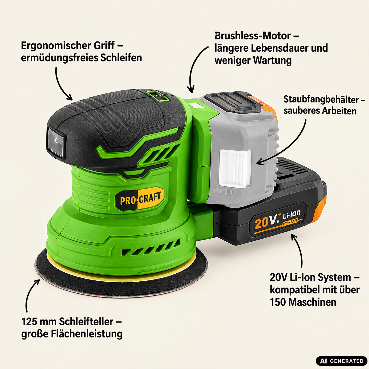 Procraft PX20BLbb Akku Exzenterschleifer 20 V 125 mm Brushless + 1x Akku 4,0 Ah - ohne Ladegerät