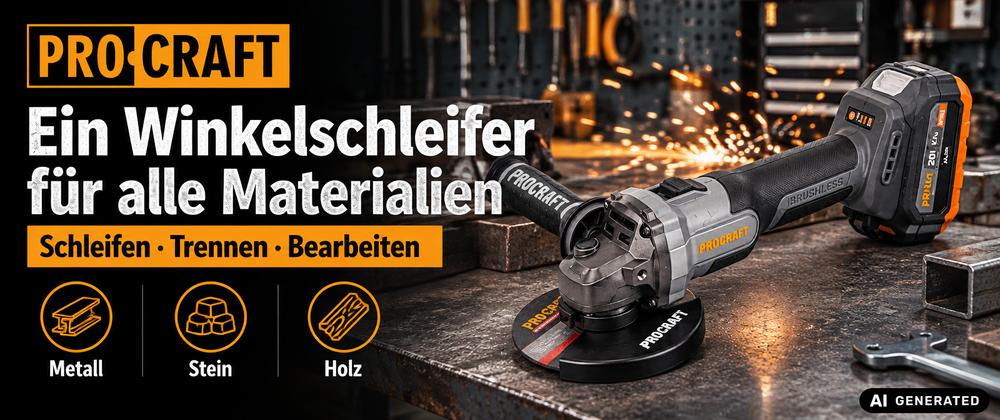 Procraft Industrial AG125Abb Akku Winkelschleifer 20 V 125 mm Brushless + 1x Akku 2,0 Ah + Ladegerät + RHINO Toolcase