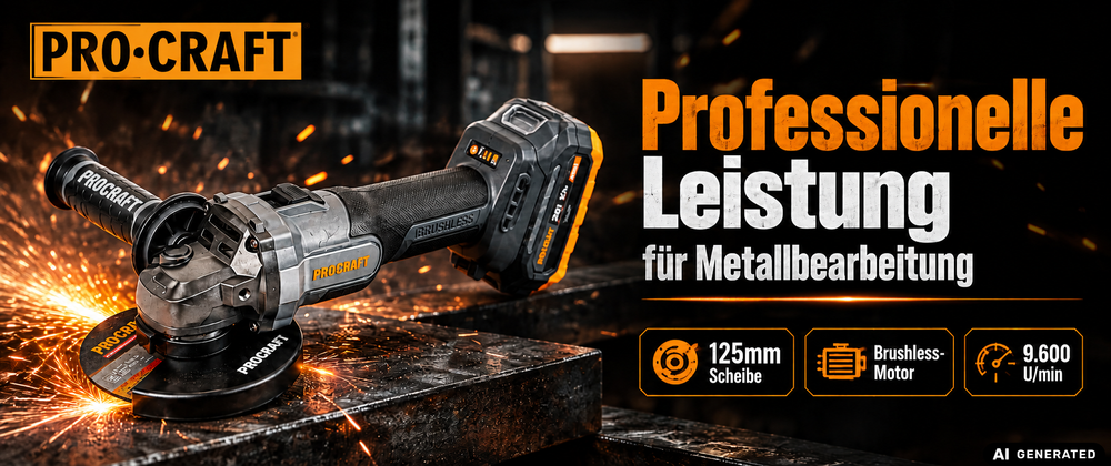 Procraft Industrial AG125Abb Akku Winkelschleifer 20 V 125 mm Brushless + 1x Akku 2,0 Ah + Ladegerät + RHINO Toolcase