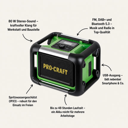 Procraft PJS20bb Akku Baustellenradio 20 V 80 W FM DAB+ Bluetooth Solo - ohne Akku, ohne Ladegerät