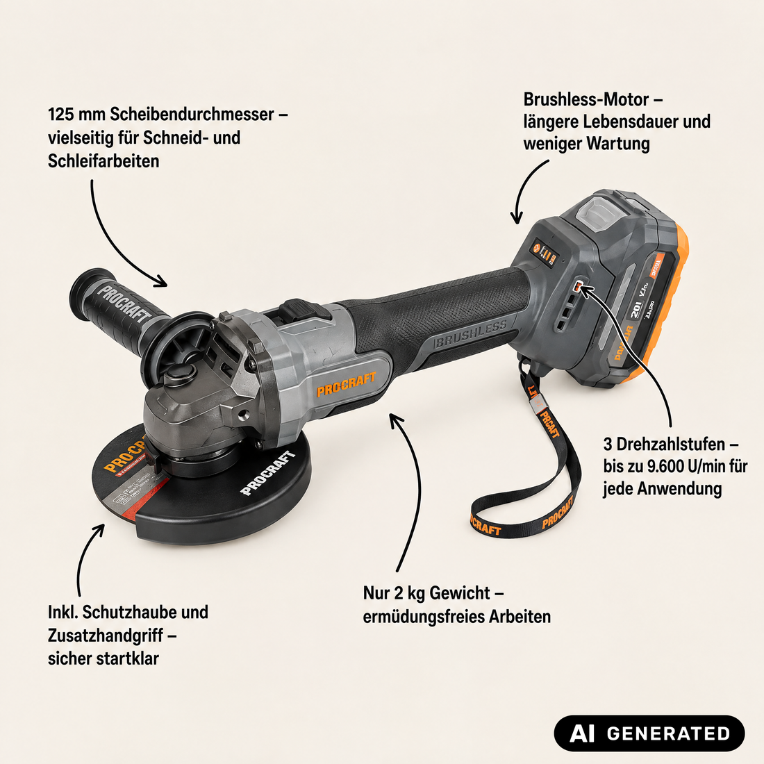 Procraft Industrial AG125Abb Akku Winkelschleifer 20 V 125 mm Brushless + 1x Akku 2,0 Ah + Ladegerät + RHINO Toolcase