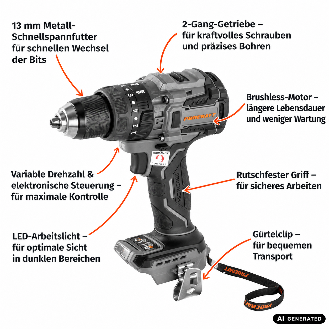 Procraft Industrial CD20B-BB Akku Schlagbohrschrauber 20 V 150 Nm Brushless + 2x Akku 2,0 Ah + Ladegerät + RHINO Toolcase