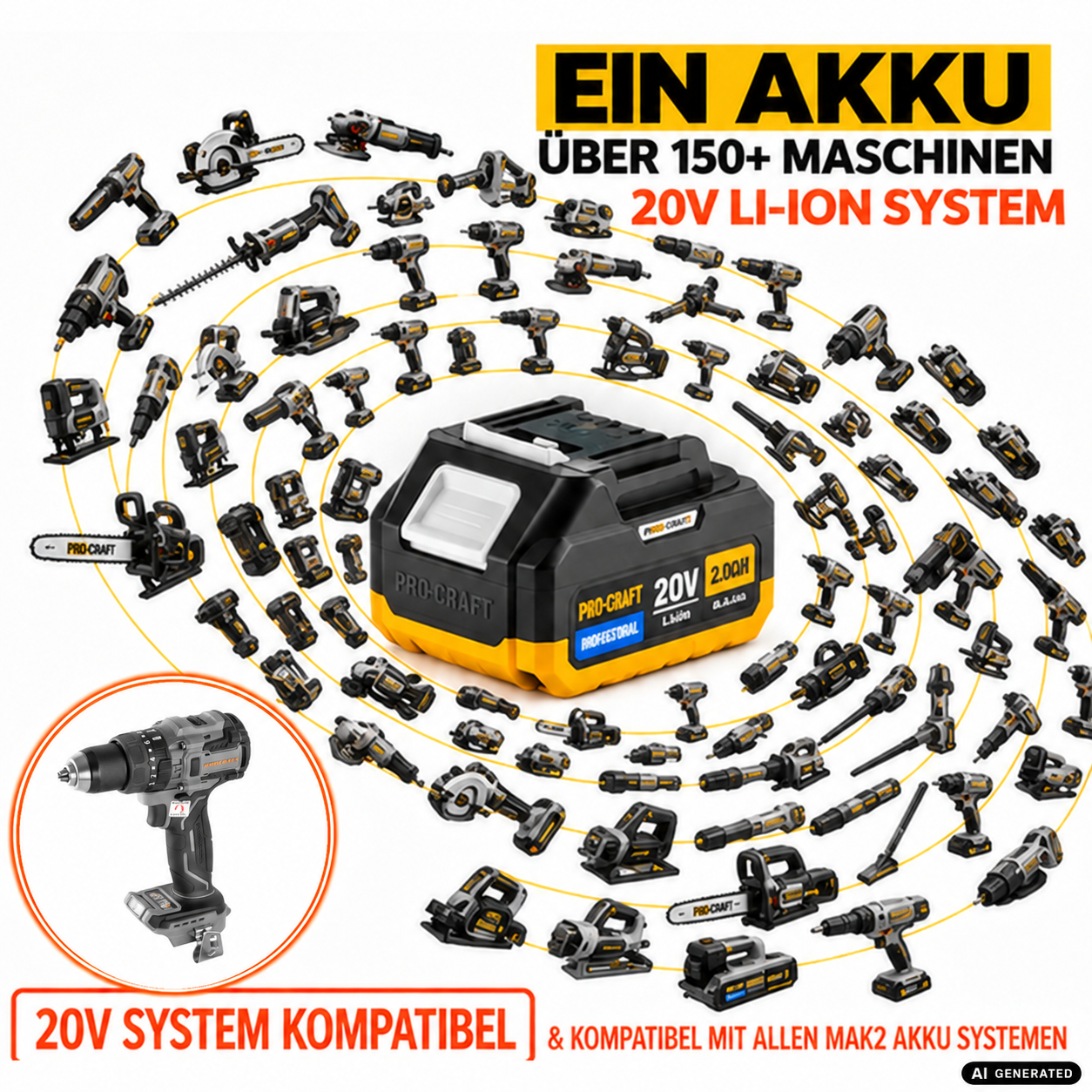 Procraft Industrial CD20B-BB Akku Schlagbohrschrauber 20 V 150 Nm Brushless + 2x Akku 2,0 Ah + Ladegerät + RHINO Toolcase