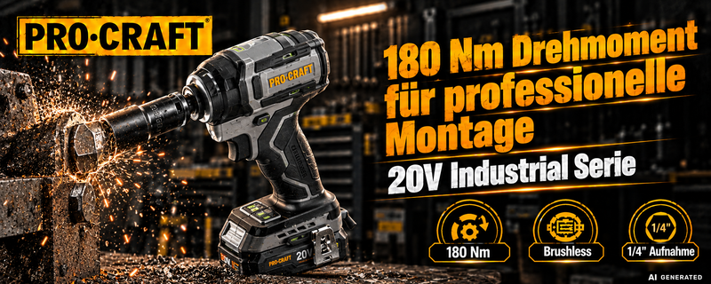 Procraft Industrial ID20Abb Akku Schlagschrauber 20 V 180 Nm 1/4" + 2x Akku 4,0 Ah + Ladegerät
