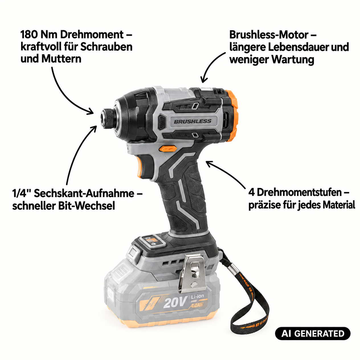 Procraft Industrial ID20Abb Akku Schlagschrauber 20 V 180 Nm 1/4" + 2x Akku 4,0 Ah + Ladegerät