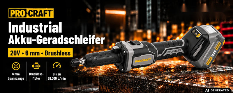 Procraft Industrial DG20A-BB Akku Geradschleifer 20 V 6 mm Brushless + 2x Akku 4,0 Ah + Ladegerät