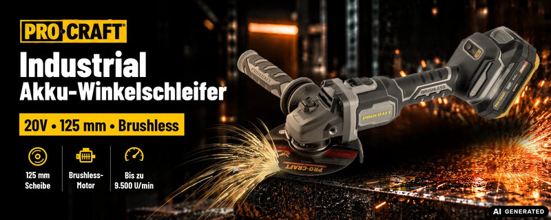 Procraft Industrial AG125Bbb Akku Winkelschleifer 20 V 125 mm Brushless + 2x Akku 2,0 Ah + Ladegerät