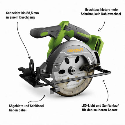Procraft PCA32-BB Akku Handkreissäge 20 V 165 mm Brushless Solo - ohne Akku, ohne Ladegerät