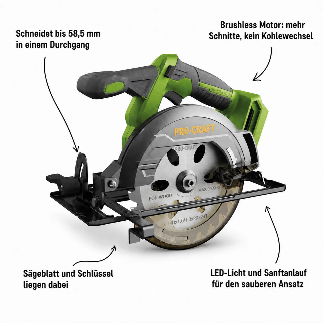 Procraft PCA32-BB Akku Handkreissäge 20 V 165 mm Brushless + 1x Akku 4,0 Ah - ohne Ladegerät