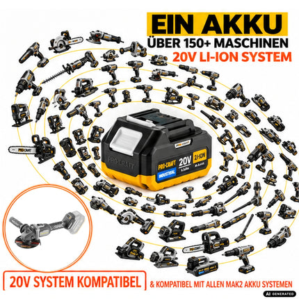 Procraft Industrial AG125Bbb Akku Winkelschleifer 20 V 125 mm Brushless + 2x Akku 2,0 Ah + Ladegerät
